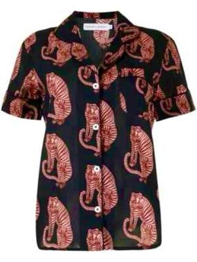 Desmond & Dempsey Tiger Print Cotton Pajama Shirt Black Red Button Front Small